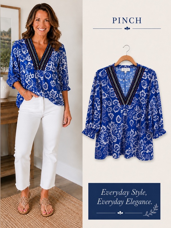 Pinch Tops - Blue & White Floral Embroidered V-Neck Blouse